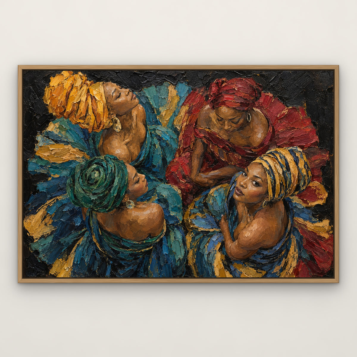 Four Sisters, colourful portrait hand-painted canvas wall art in a slim oak float frame – Gallery 23