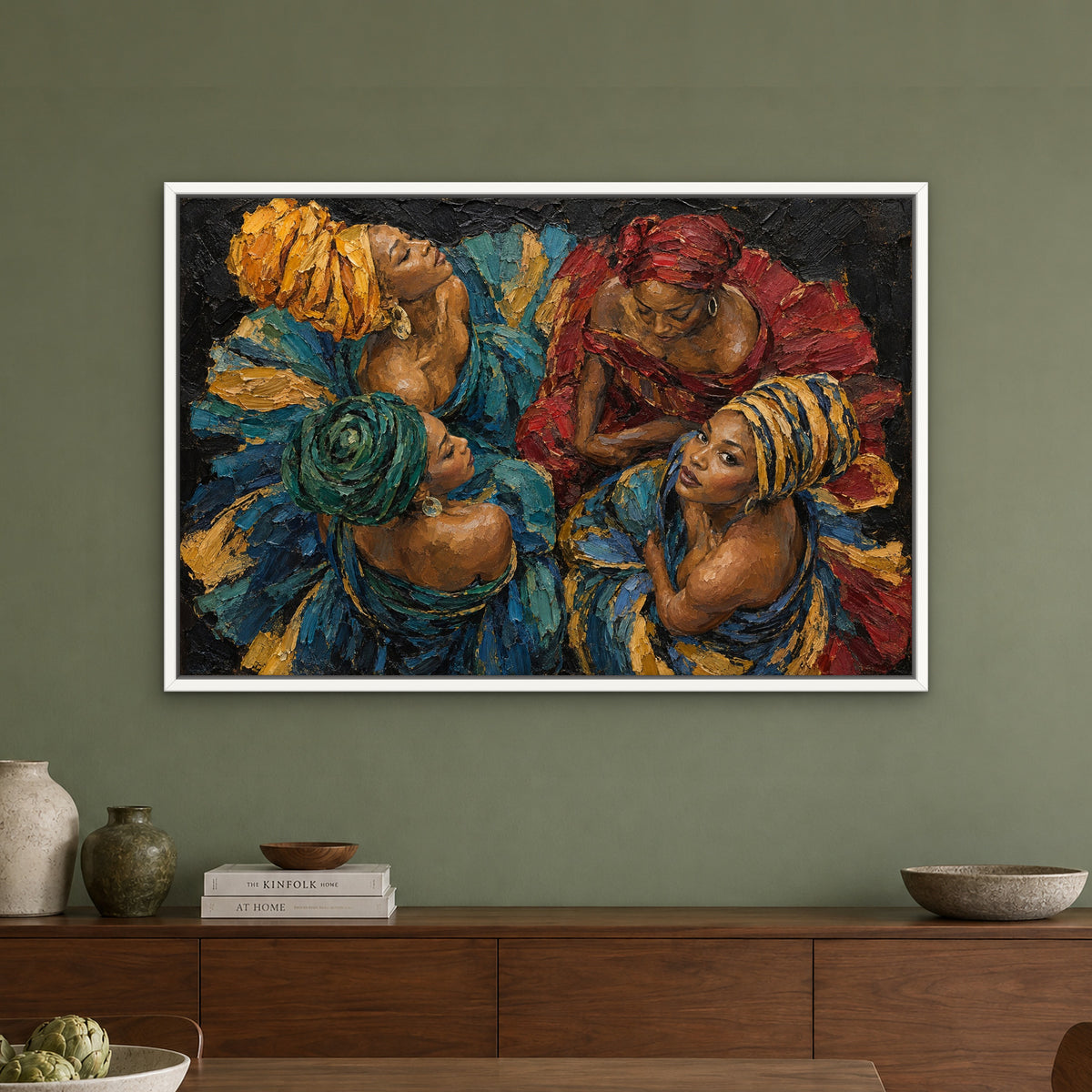 Four Sisters, colourful portrait hand-painted canvas wall art in a dining room – Gallery 23