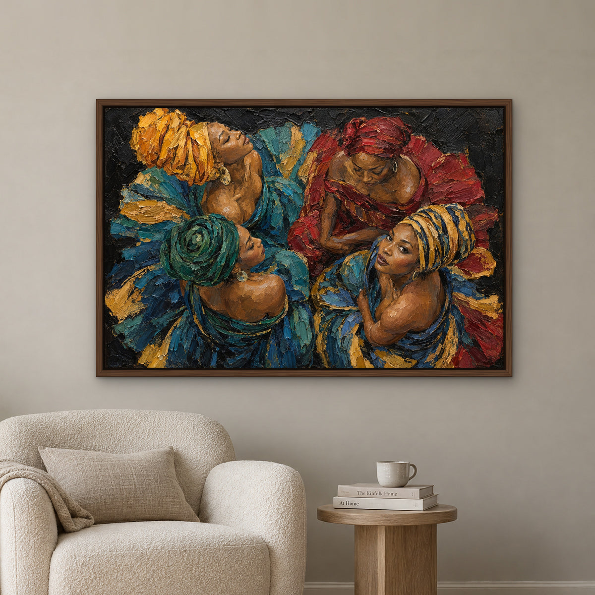 Four Sisters, colourful portrait hand-painted canvas wall art in a reading corner – Gallery 23