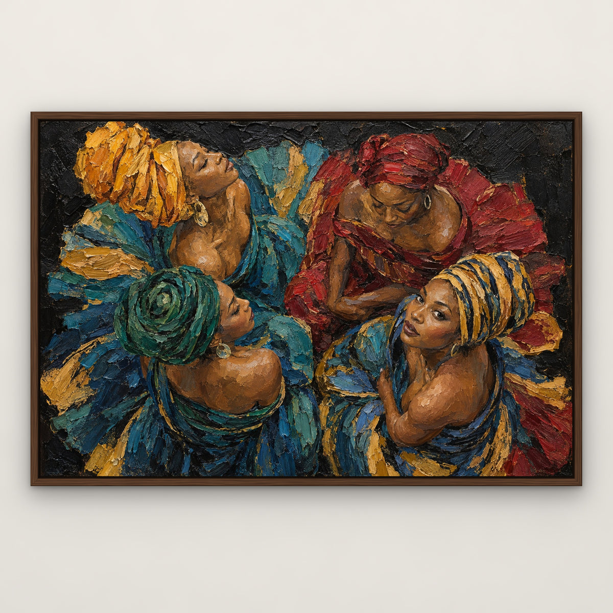 Four Sisters, colourful portrait hand-painted canvas wall art in a slim walnut float frame – Gallery 23