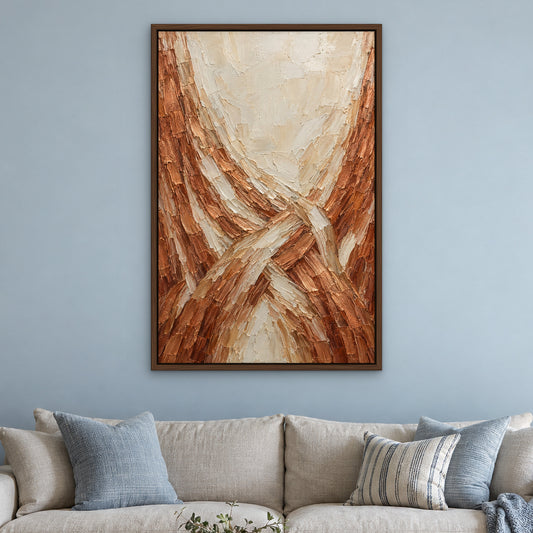 Copper Weave, brown abstract hand-painted canvas wall art in a living room – Gallery 23