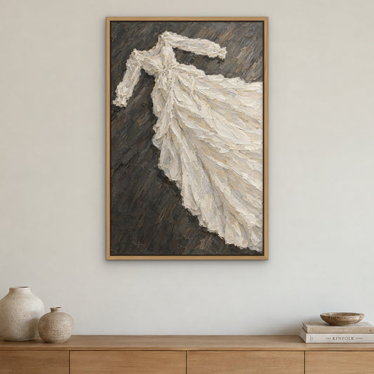 White Gown Study, black and white abstract hand-painted canvas wall art in a dining room – Gallery 23