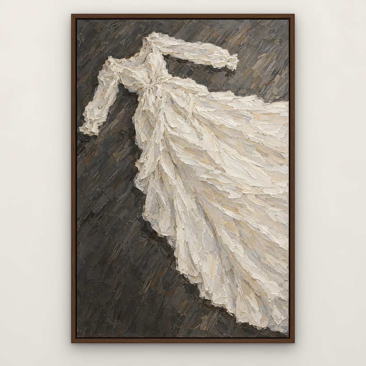 White Gown Study, black and white abstract hand-painted canvas wall art in a slim walnut float frame – Gallery 23