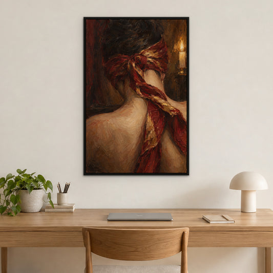 Brushstroke Blindfold, blue pop art hand-painted canvas wall art in a home office – Gallery 23