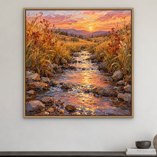 Golden Valley Stream, orange mountain landscape hand-painted canvas wall art in a dining room – Gallery 23
