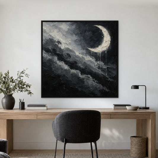 Black Moon Swirl, black and white abstract hand-painted canvas wall art in a home office – Gallery 23