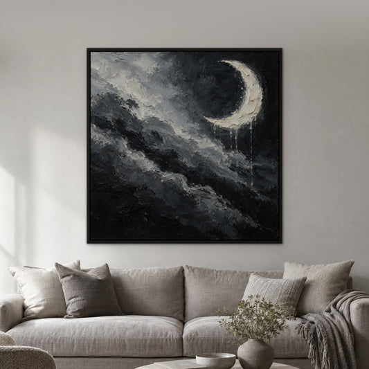 Black Moon Swirl, black and white abstract hand-painted canvas wall art in a living room – Gallery 23