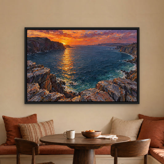 Bay at Sundown, blue coastal hand-painted canvas wall art in a kitchen nook – Gallery 23