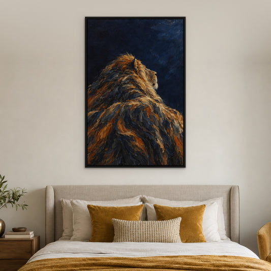 Midnight Mane, blue wildlife hand-painted canvas wall art in a bedroom – Gallery 23