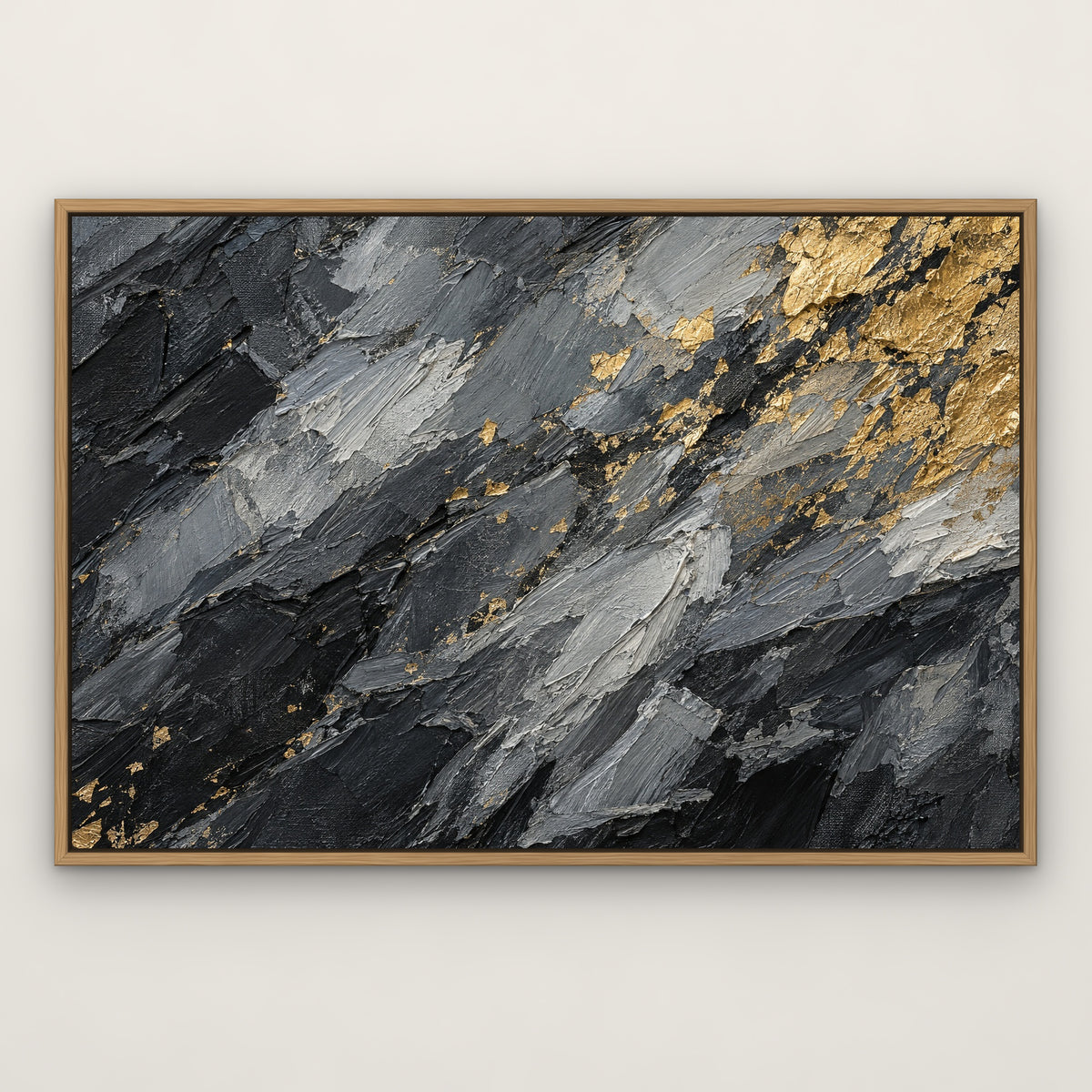 Gold Flecked Granite, grey abstract hand-painted canvas wall art in a slim oak float frame – Gallery 23