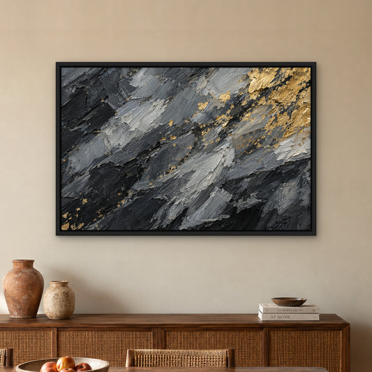 Gold Flecked Granite, grey abstract hand-painted canvas wall art in a dining room – Gallery 23