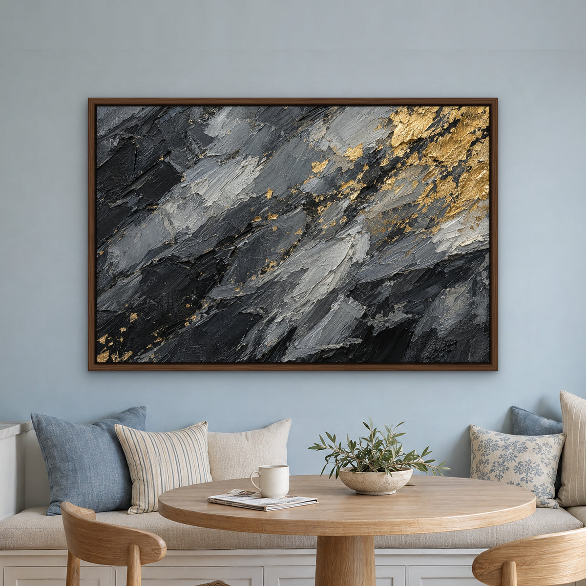 Gold Flecked Granite, grey abstract hand-painted canvas wall art in a kitchen nook – Gallery 23