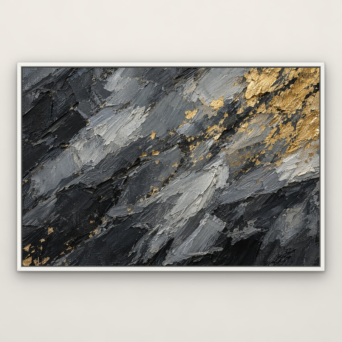 Gold Flecked Granite, grey abstract hand-painted canvas wall art in a slim white float frame – Gallery 23